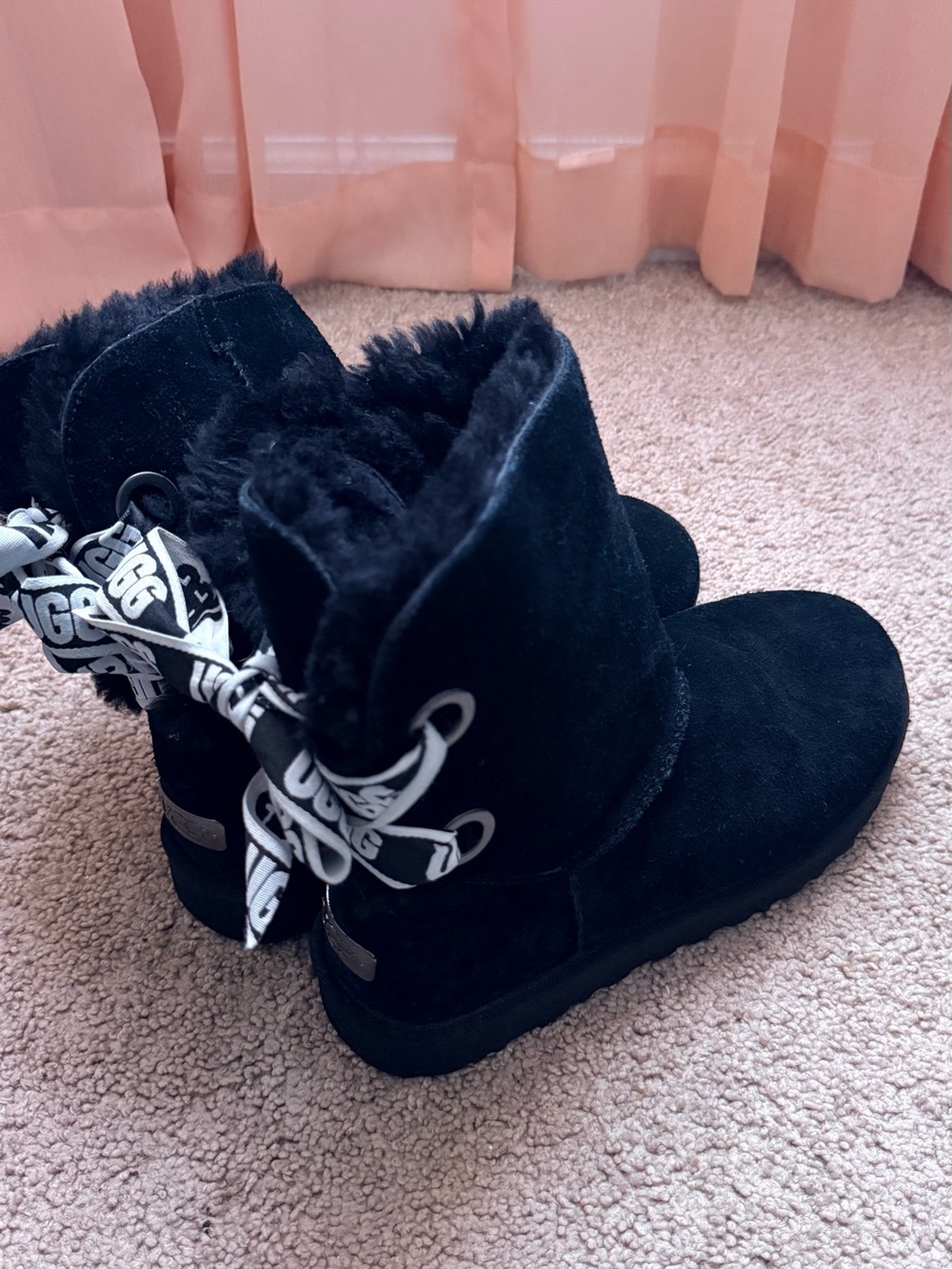 UGG Black Suede Winter Boots with Branded Ribbon Detail